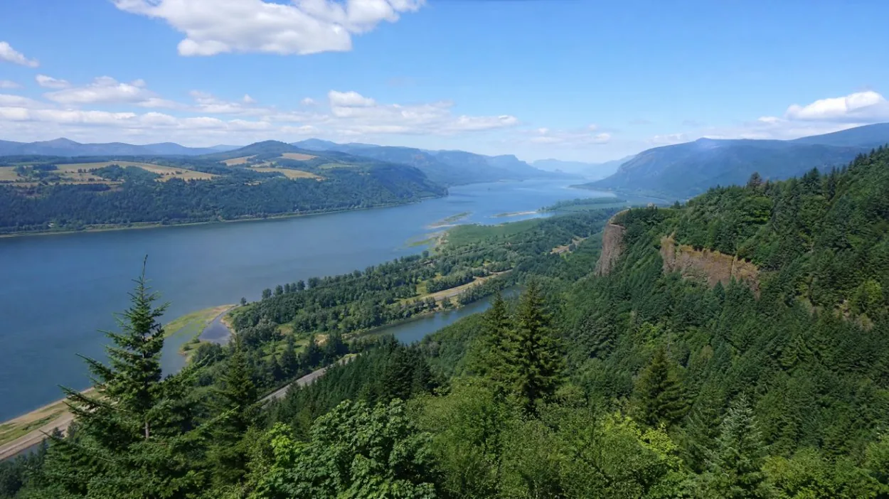 The Columbia River Gorge with green cliffs on both sides of the river