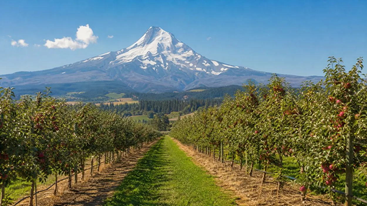 Orchard rows in the Hood River Valley with Mount Hood on the horizon