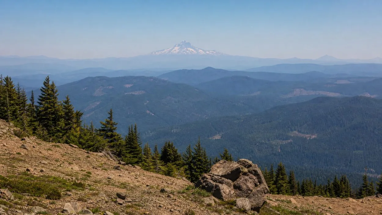 Mount Jefferson on the southern horizon seen from high on Mount Hood