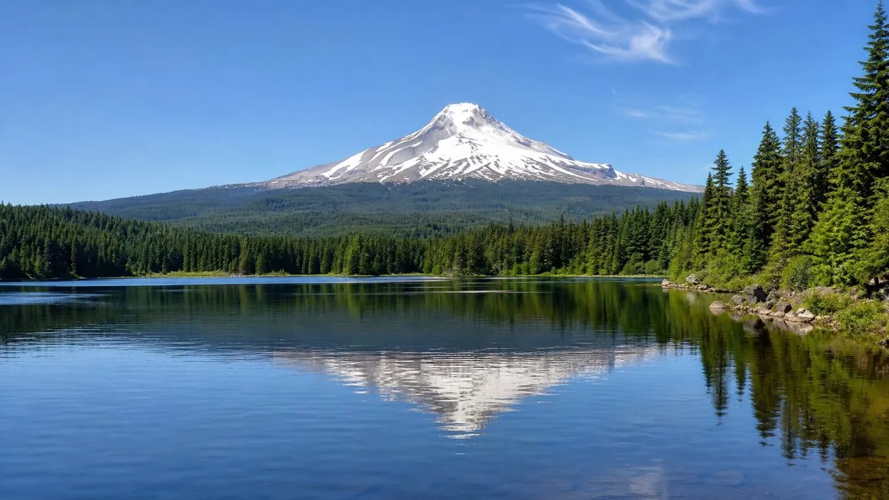 Mount Hood above the calm blue water of Lost Lake