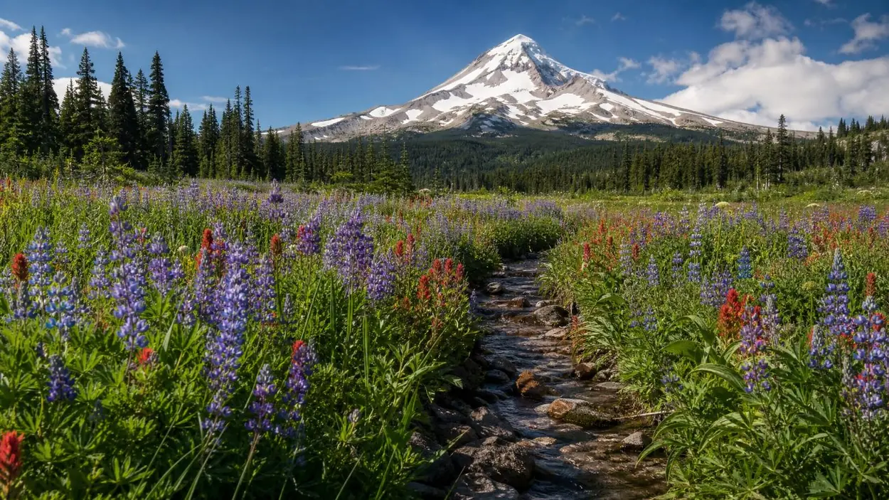 Purple lupine and red paintbrush in an alpine meadow below Mount Hood