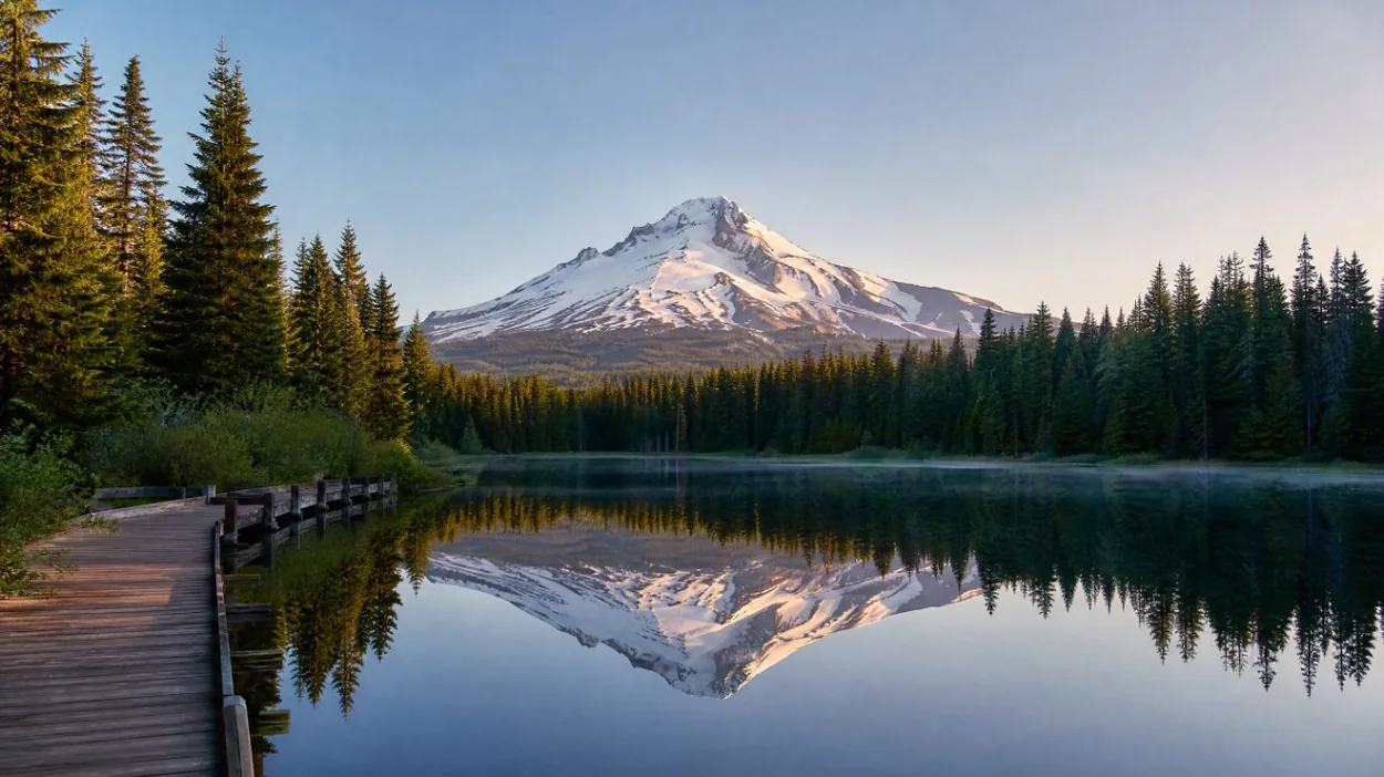 Mount Hood reflected in the still water of Mirror Lake