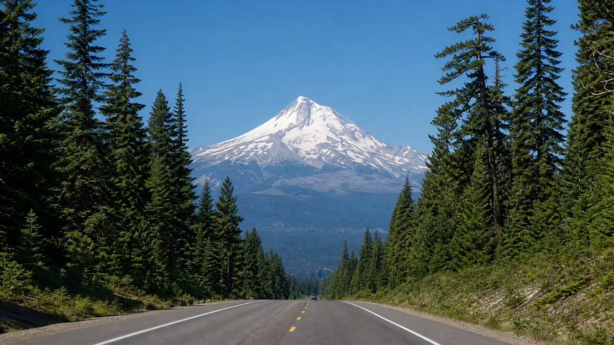 A highway through tall evergreen forest heading toward Mount Hood