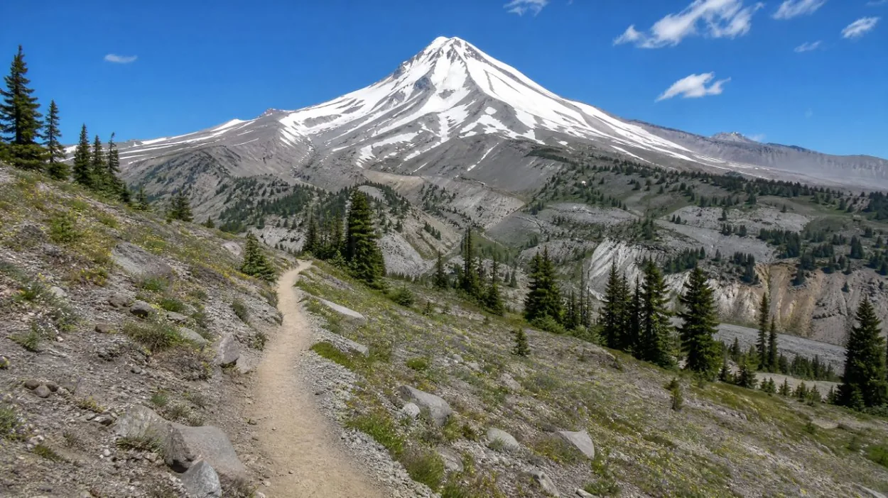 A narrow dirt trail crossing an open volcanic slope toward Mount Hood