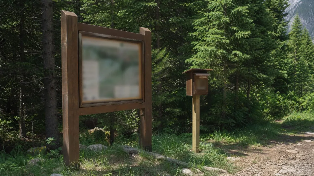A wooden trailhead sign and permit box at the edge of a forest