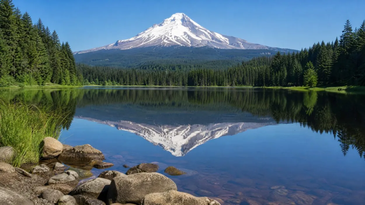 Mount Hood rising above Trillium Lake and its forested shore