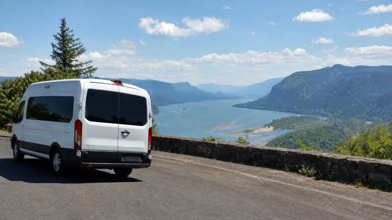 A tour van parked at a scenic viewpoint above the Columbia River