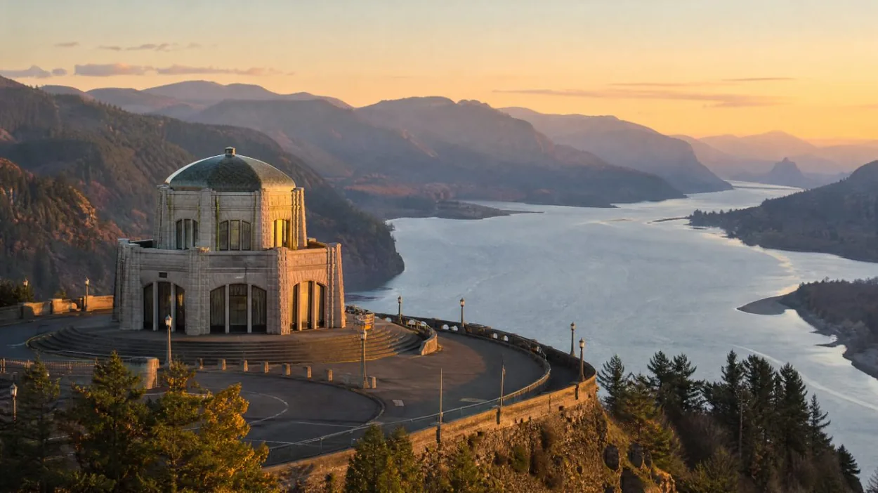 A domed stone observatory on a cliff above the Columbia River Gorge