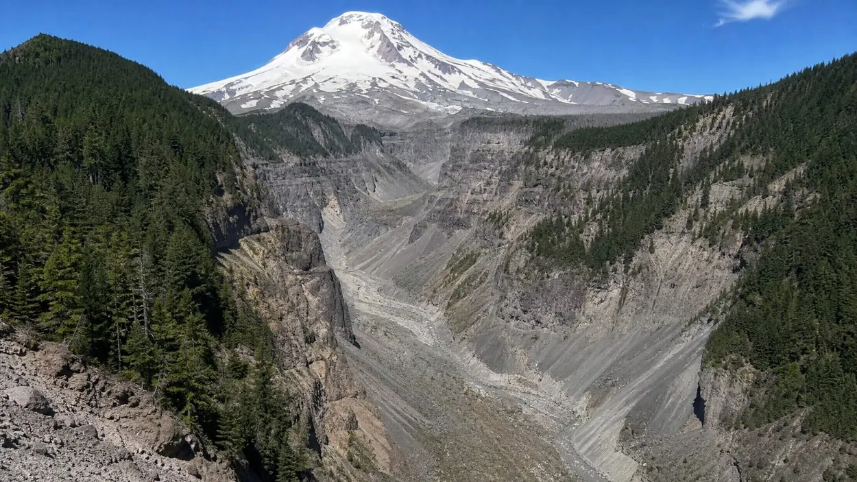 A deep canyon of grey volcanic rubble cutting down the flank of Mount Hood